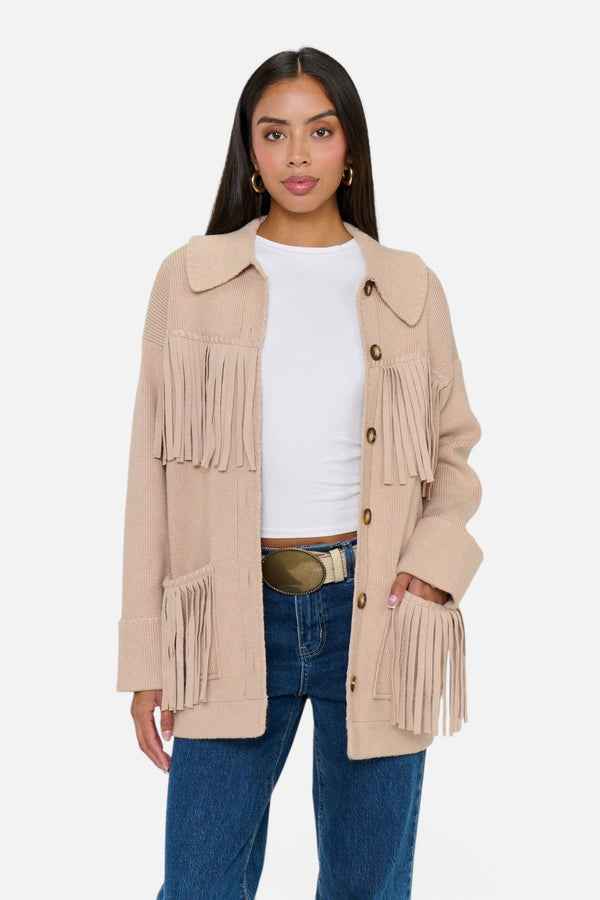 Show Me Your Mumu Women's Santa Barbara Jacket in Tan Knit Fringe