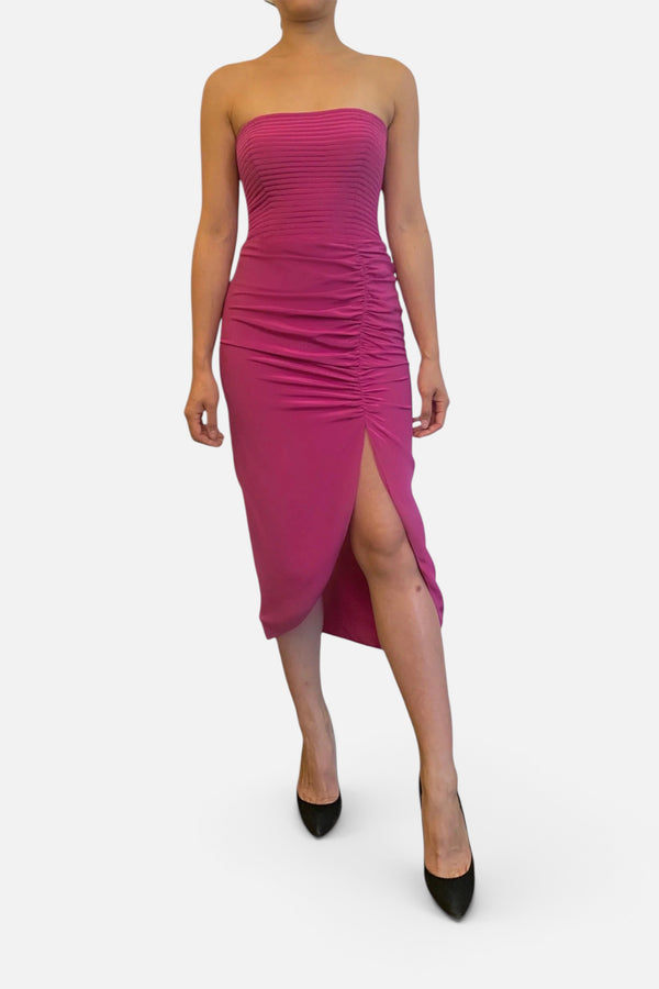 Vera Strapless Ruched Slit Dress in Fuschia