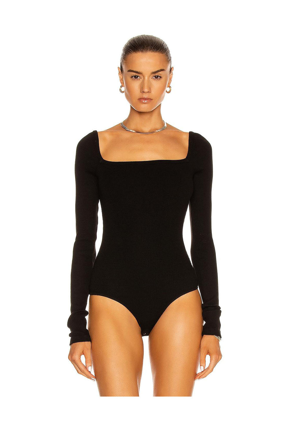 AGOLDE Hanley Square Neck Body Suit In Black CHROME