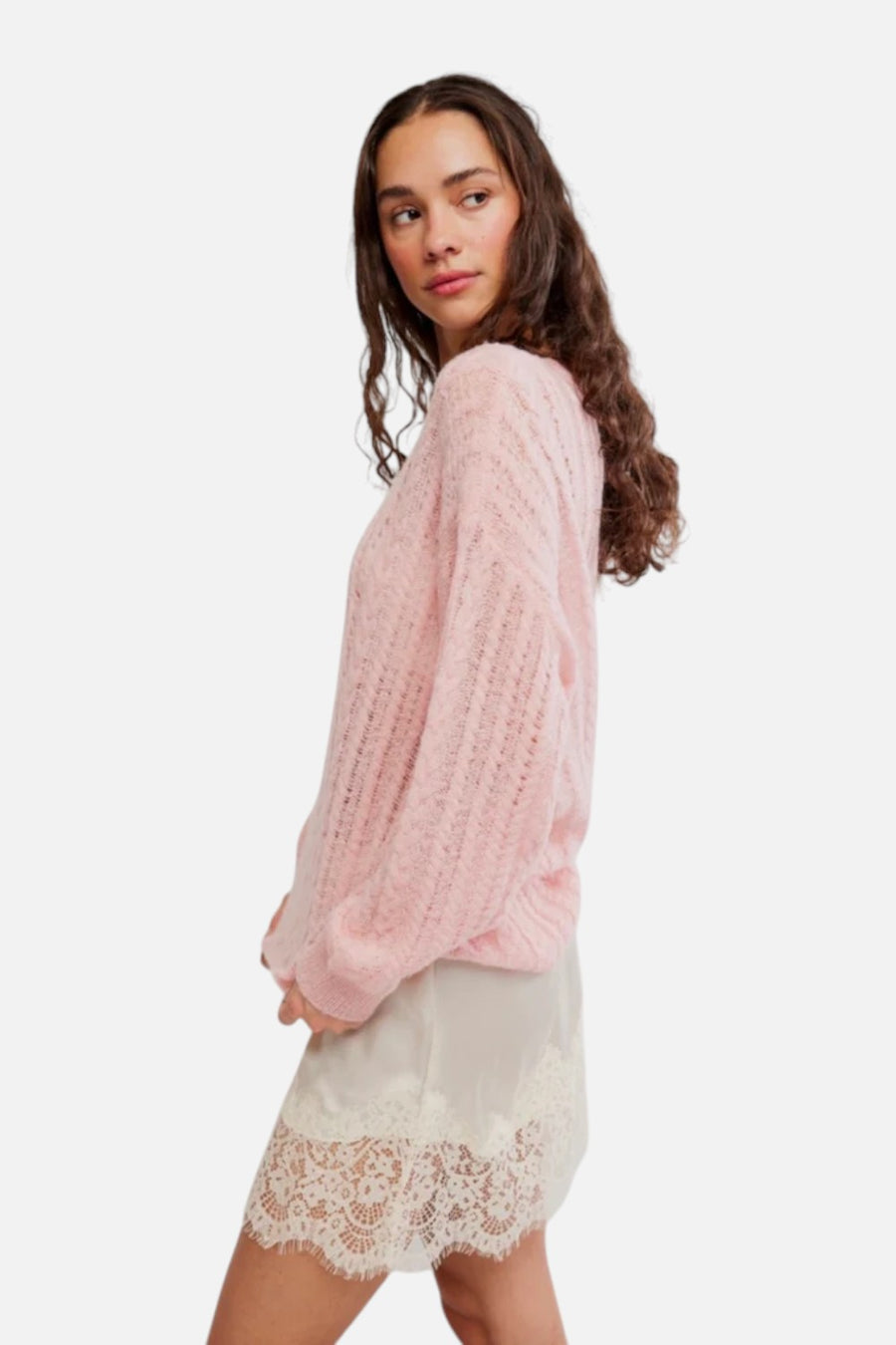 Free People Sheer Luck Cable Sweater in Peach Skin
