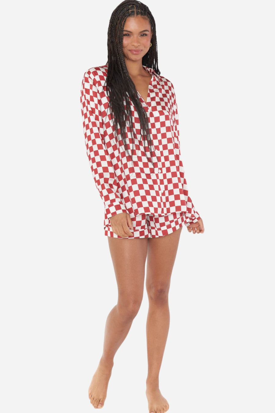 Show Me Your Mumu Early Riser PJ Set in Red Checker Silky