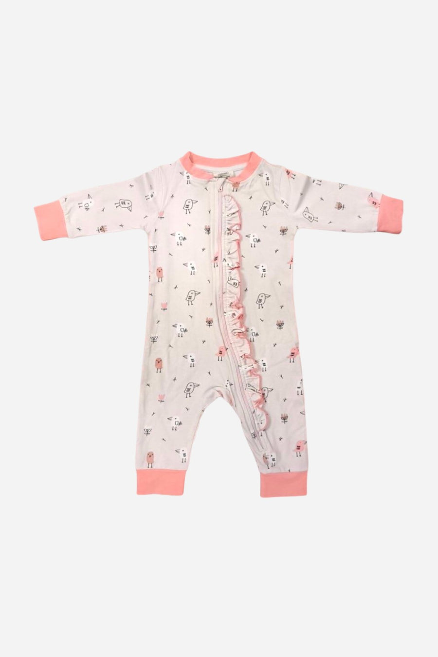 Viverano Birds Ruffle Zipper Baby Jumpsuit in Blush Pink
