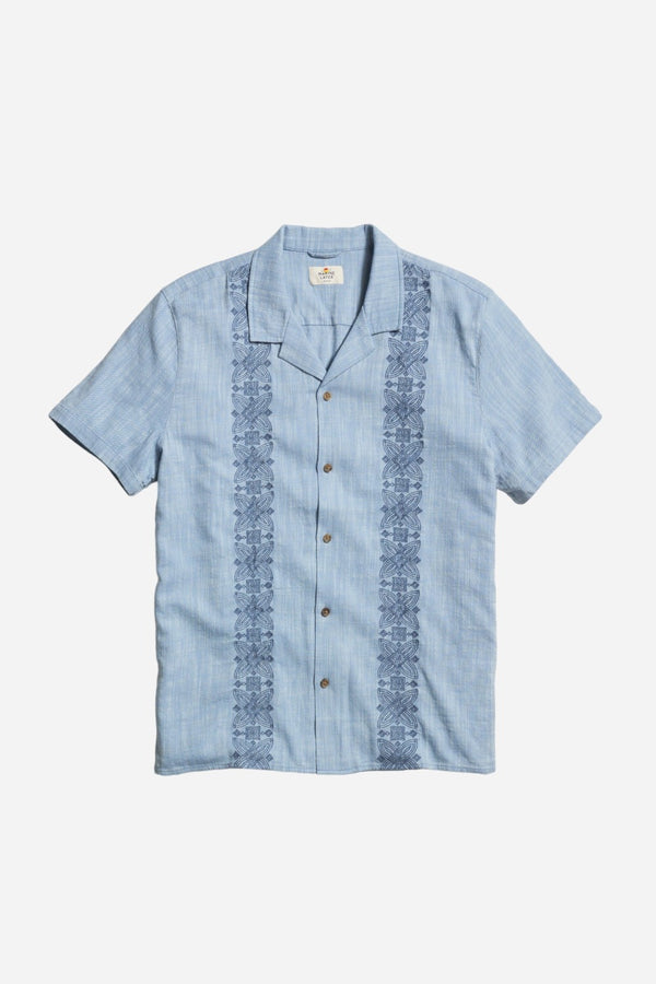 Marine Layer Stretch Selvage Embroidered Resort Shirt in Mid Blue
