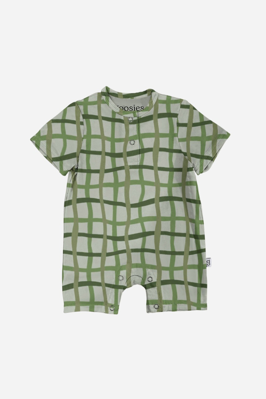 Goosies Short Sleeve Henley Romper in Green Wavy Plaid