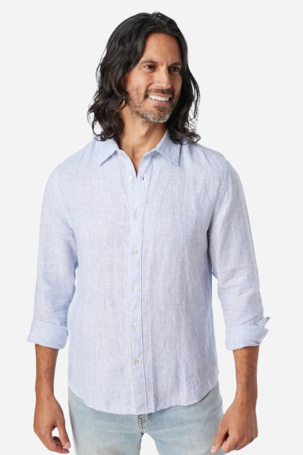 Fair Harbor Island Long Sleeve Linen Shirt in Wave Blue Stripe