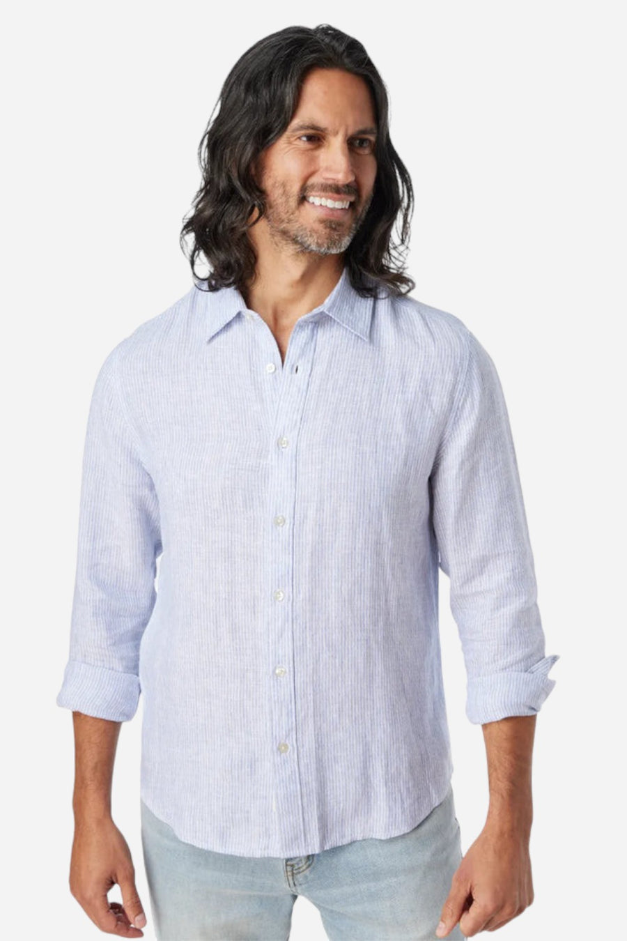 Fair Harbor Island Long Sleeve Linen Shirt in Wave Blue Stripe