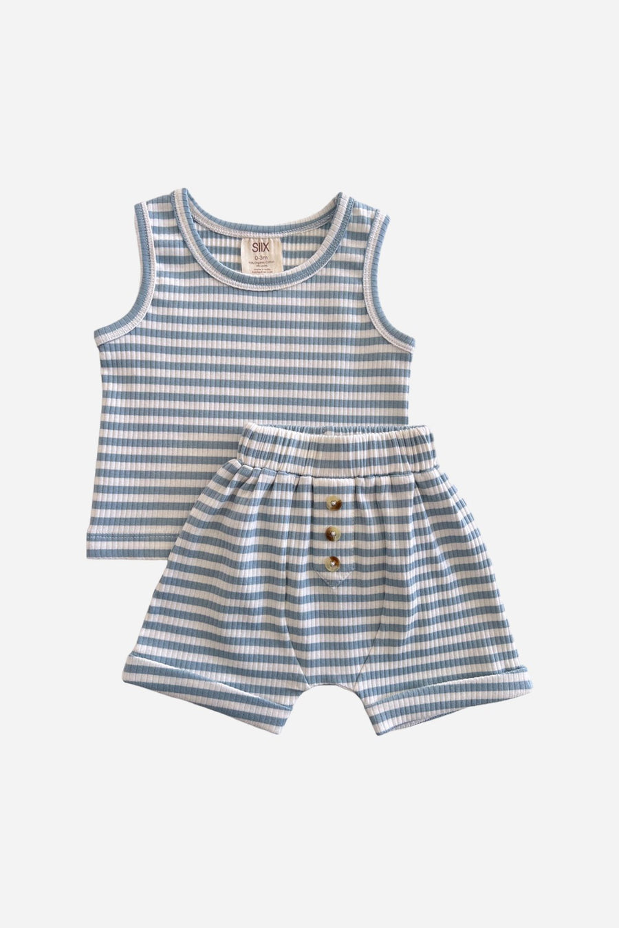 Siix Collection Organic Ribbed Tank & Short Set in Dusty Blue Stripe