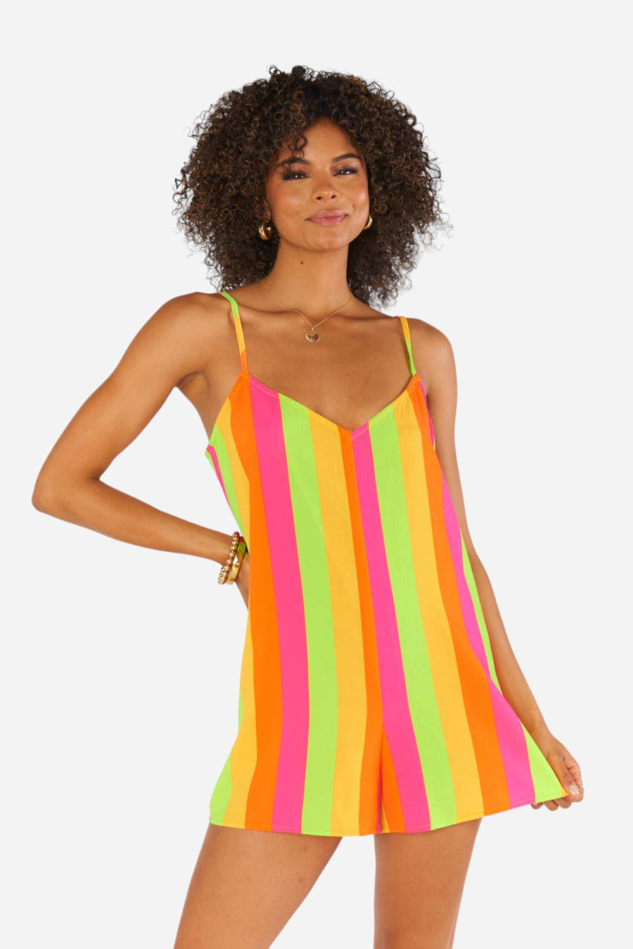 Show Me Your Mumu Rascal Romper in Neon Vacay Stripe