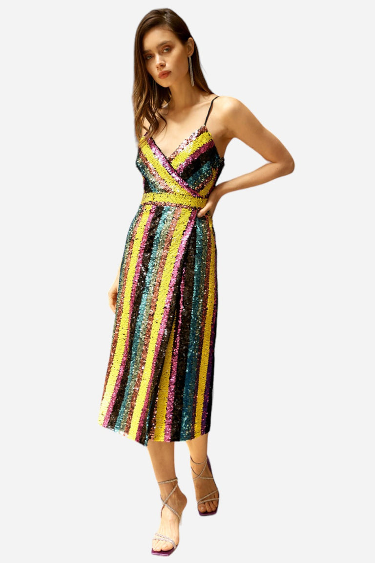 knee length dresses for ladies Adelyn Rae Solana Midi Sequin Dress in Multi Bright Size XS, Sold by Chrome