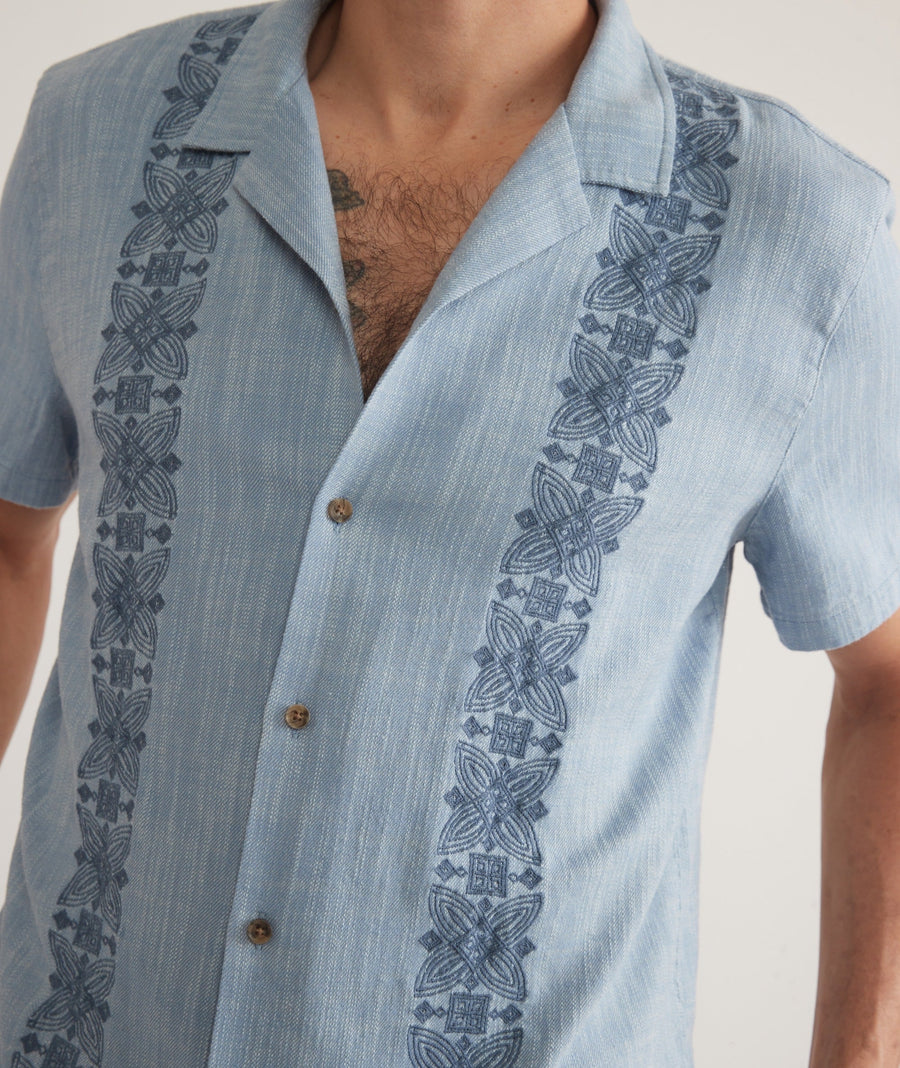 Marine Layer Stretch Selvage Embroidered Resort Shirt in Mid Blue