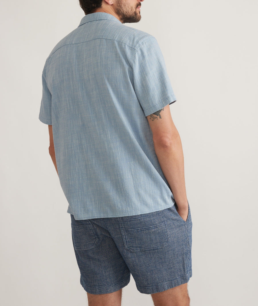 Marine Layer Stretch Selvage Embroidered Resort Shirt in Mid Blue