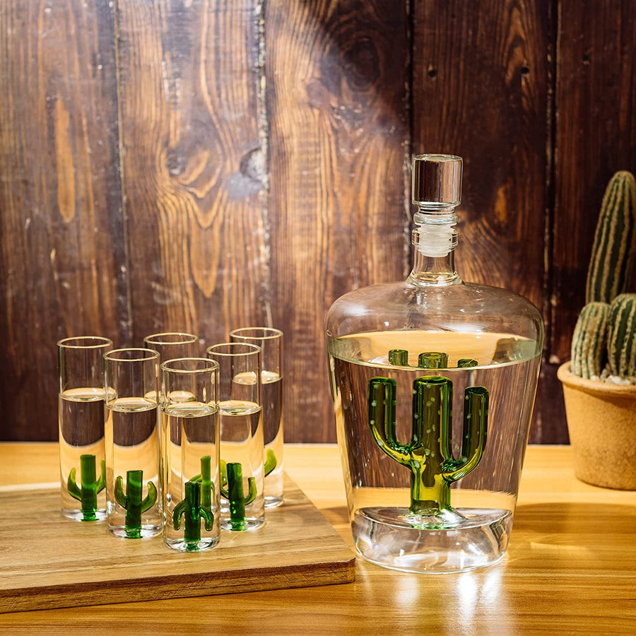 Wine Savant Cactus Tequila Decanter Set with 6 Shot Glasses