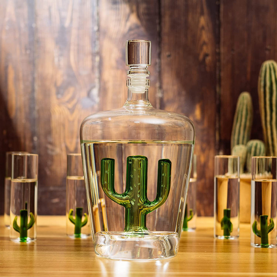 Wine Savant Cactus Tequila Decanter Set with 6 Shot Glasses