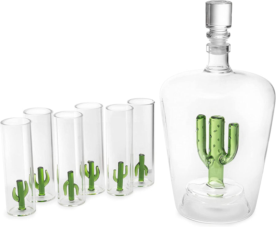 Wine Savant Cactus Tequila Decanter Set with 6 Shot Glasses