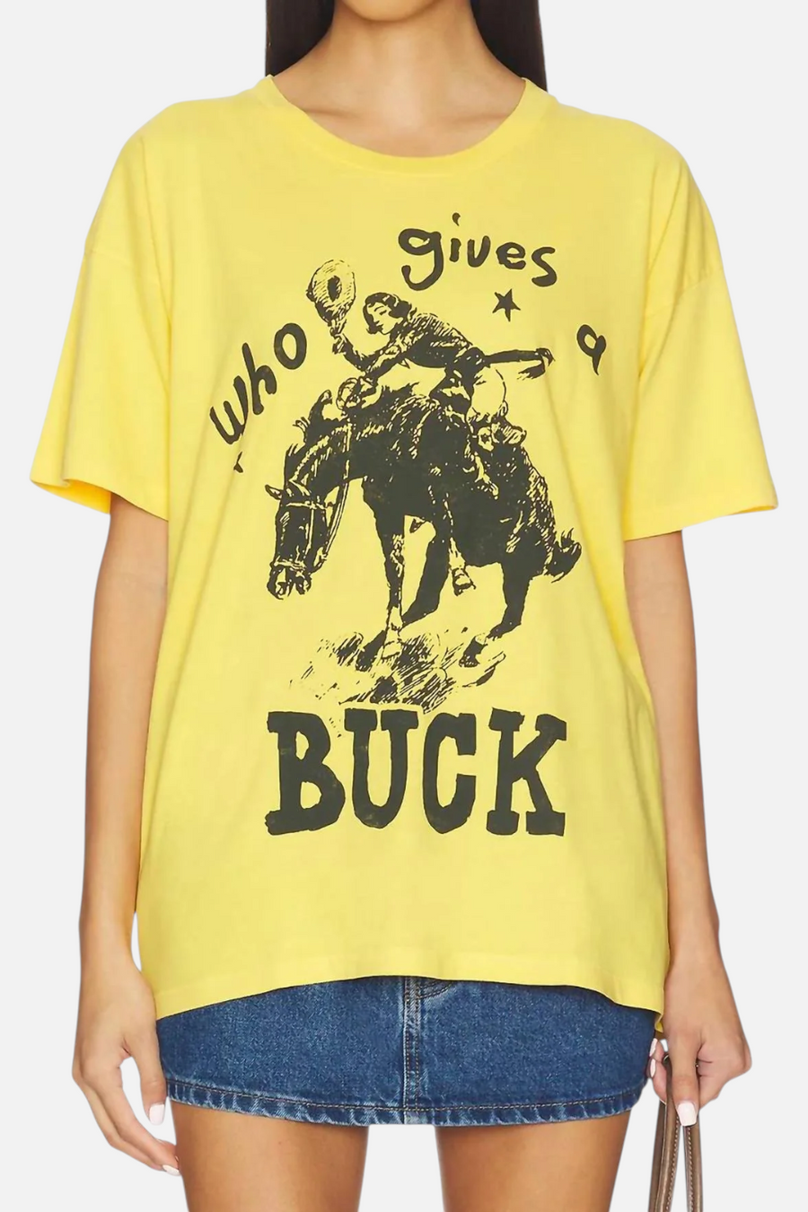 Daydreamer LA Who Gives A Buck merch tee in yellow with puff-ink lettering and a horseshoe graphic
