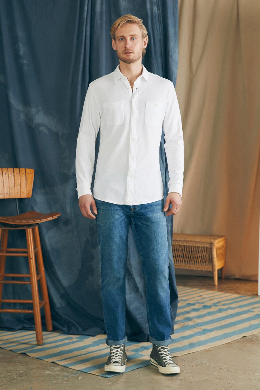 Faherty Sunwashed Knit Double Pocket Shirt in White