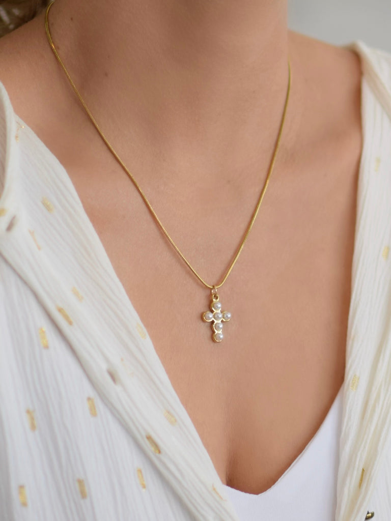 Farrah B Forgiven Pearl Cross Necklace