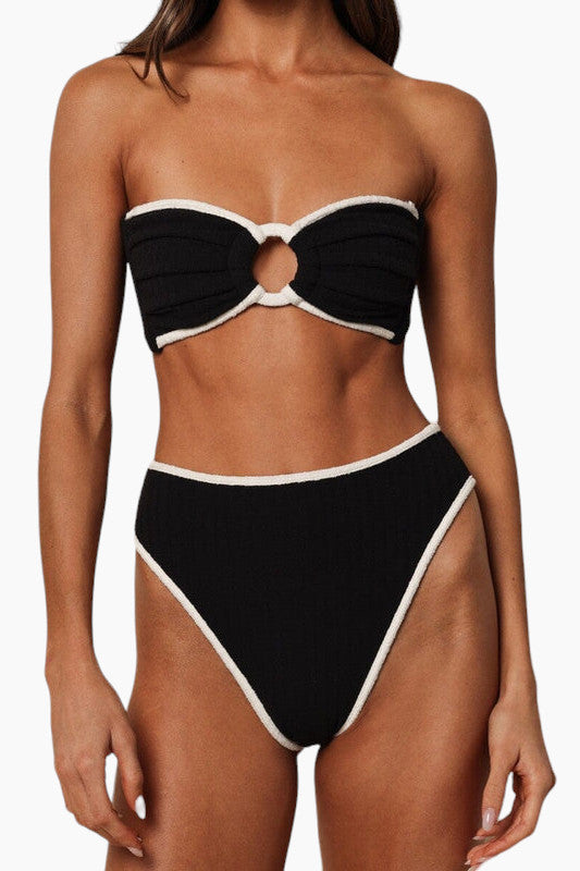 Montce X Olivia Culpo Black Cream Binded Terry Rib Tori Ties Bandeau Bikini Top in Black