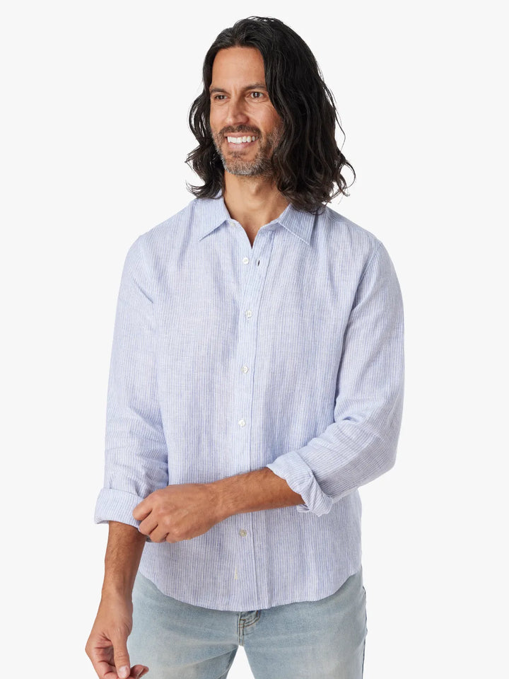 Fair Harbor Island Long Sleeve Linen Shirt in Wave Blue Stripe