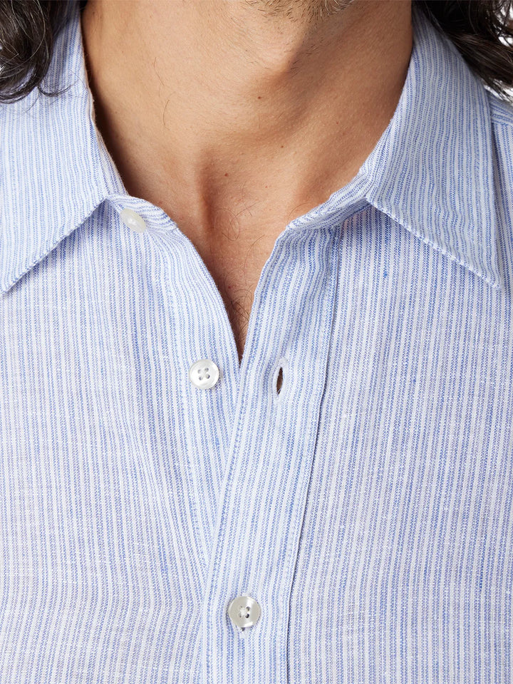 Fair Harbor Island Long Sleeve Linen Shirt in Wave Blue Stripe