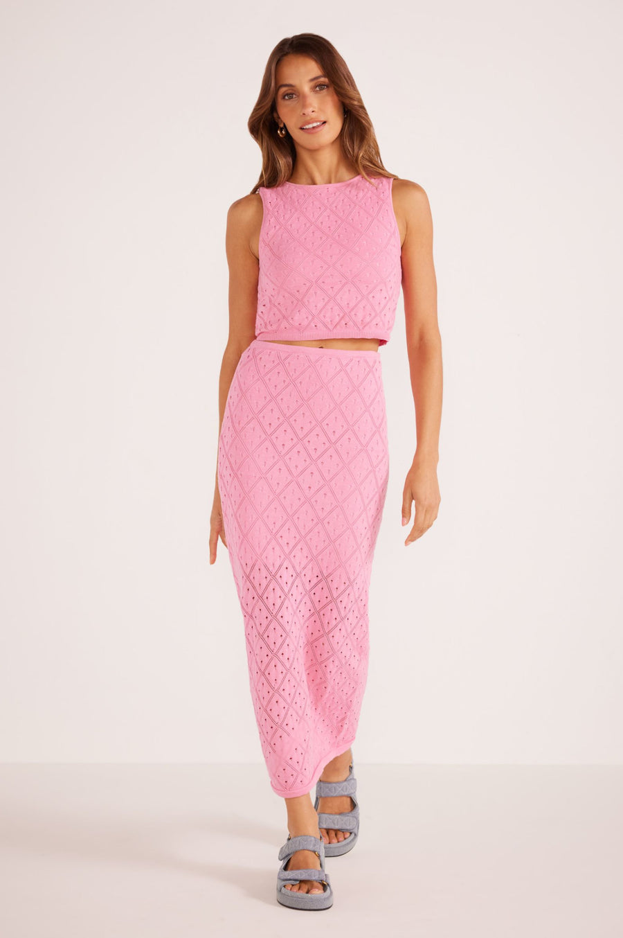 MinkPink Solano Diamond Knit Tank Top in Hot Pink