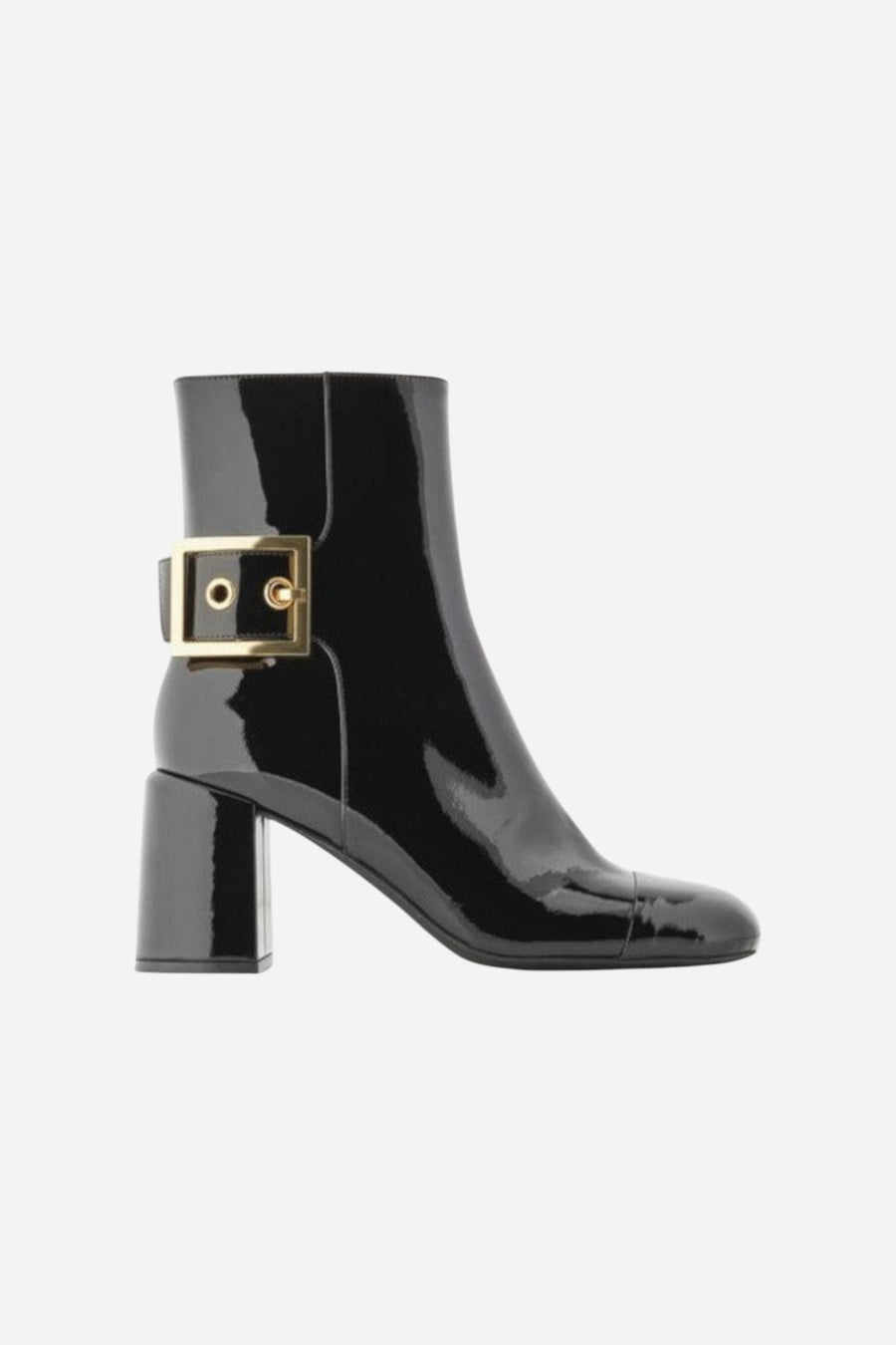Jeffrey Campbell Academy Buckle Ankle Boot in Black Patent Gold