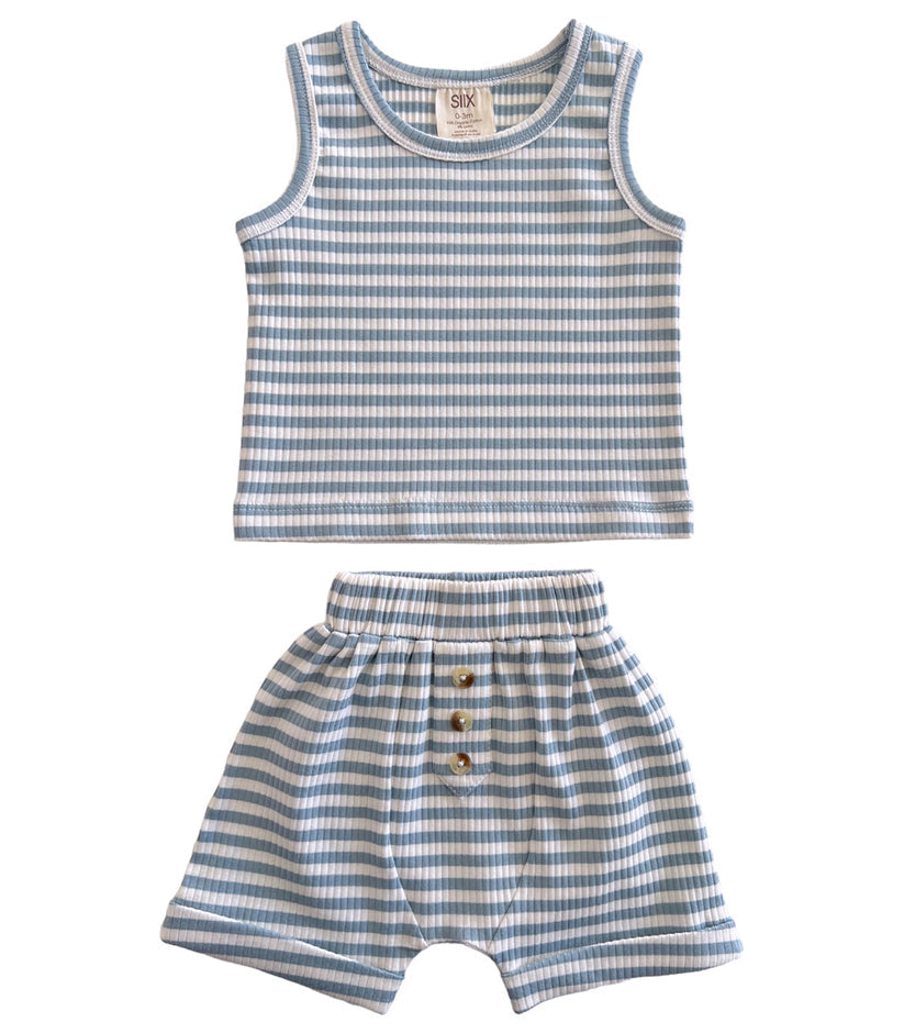 Siix Collection Organic Ribbed Tank & Short Set in Dusty Blue Stripe