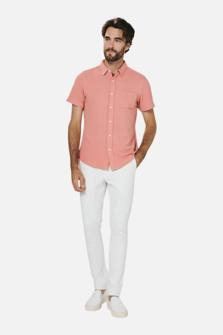 7 Diamonds Bennet Short Sleeve Seersucker Shirt in Poppy – flat lay