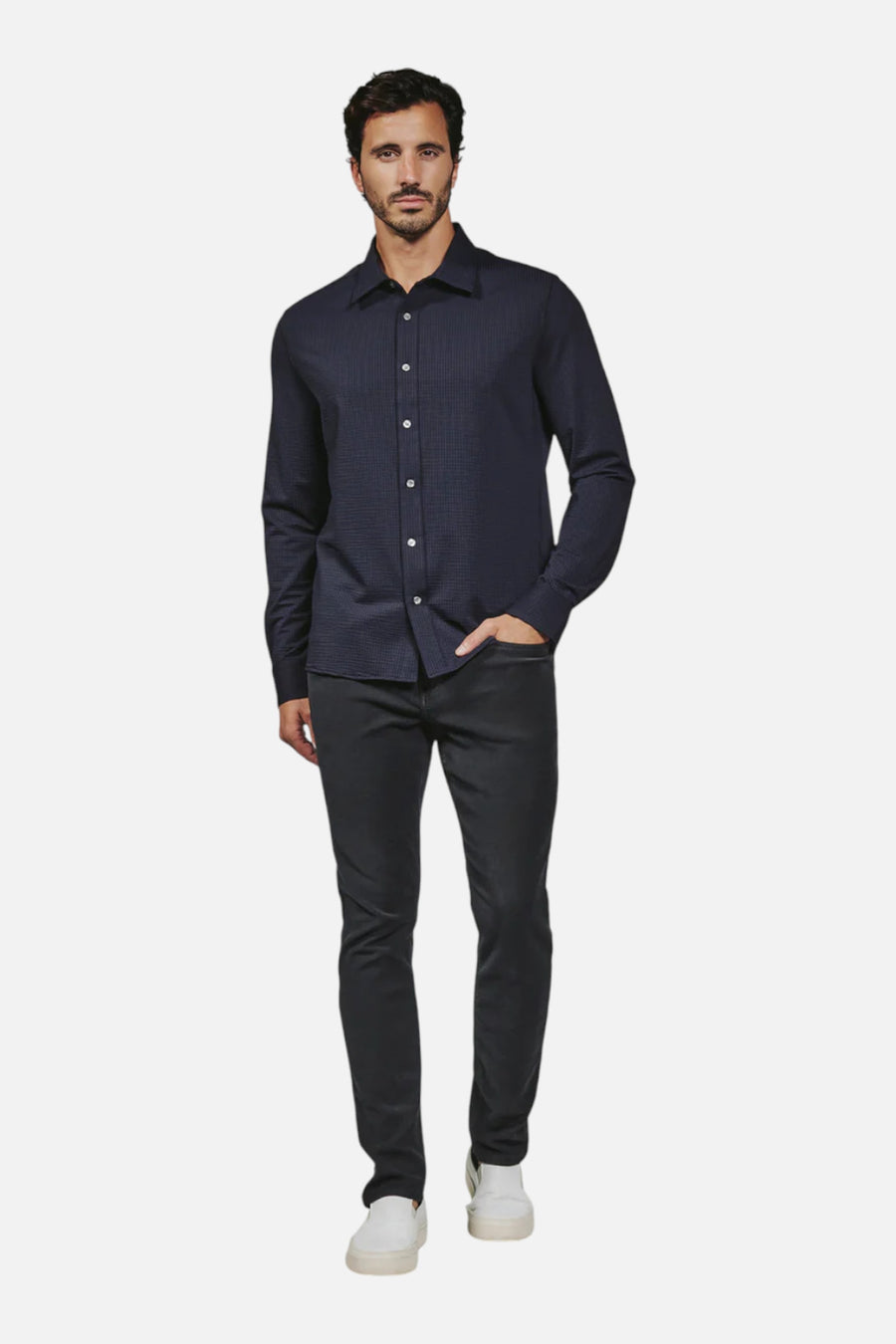 7 Diamonds Ferris Long Sleeve Shirt in Navy – on model