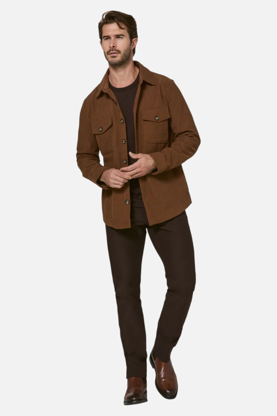 7 Diamonds Men's Crossway Corduroy Overshirt in Cedar – on model