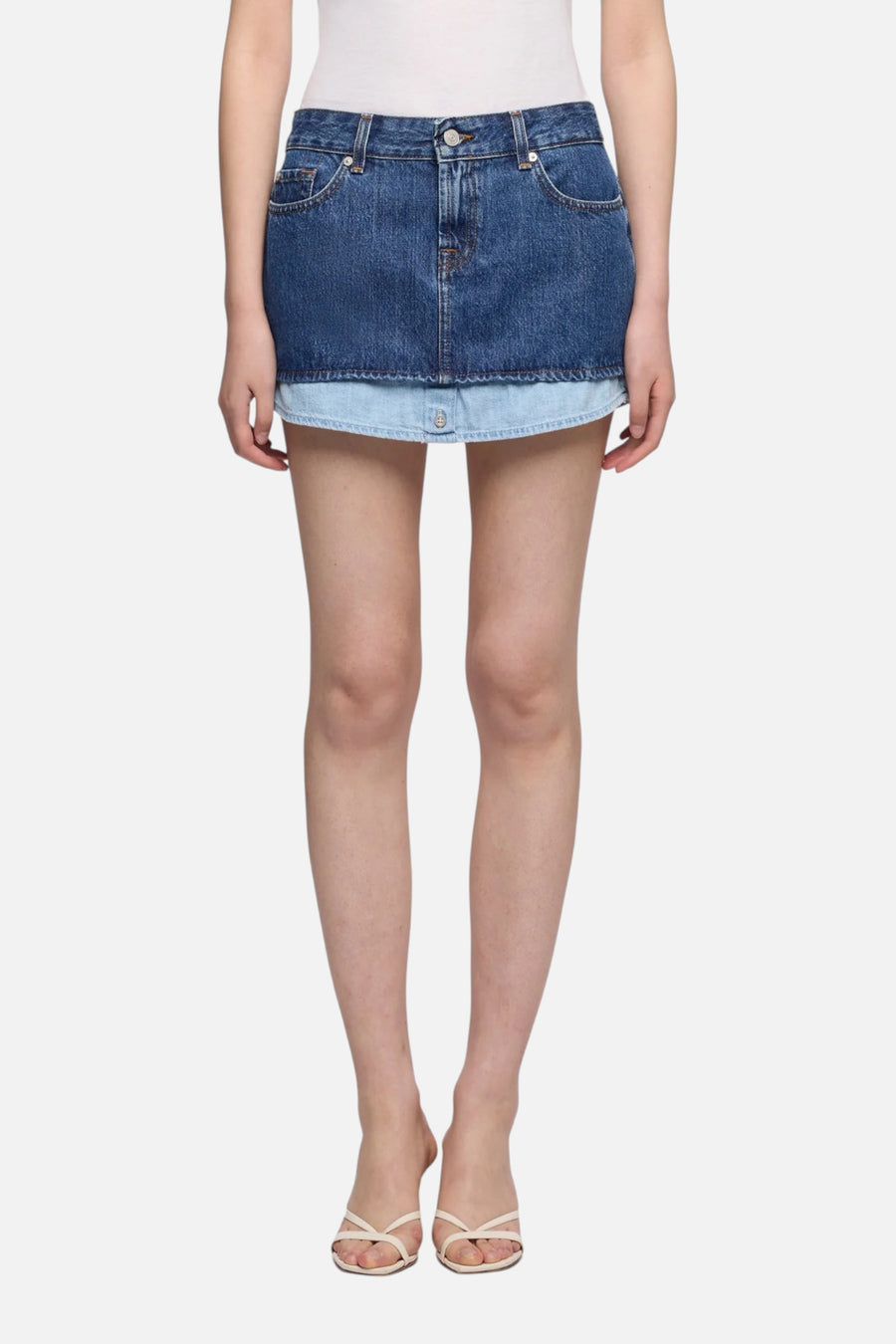 7 For All Mankind Cherry Mini Skirt in Shadow – on model