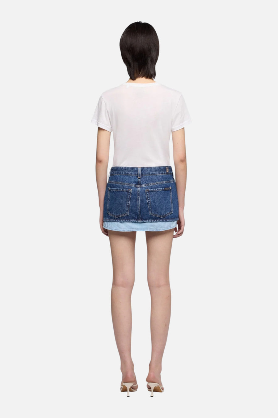 7 For All Mankind Cherry Mini Skirt in Shadow – on model