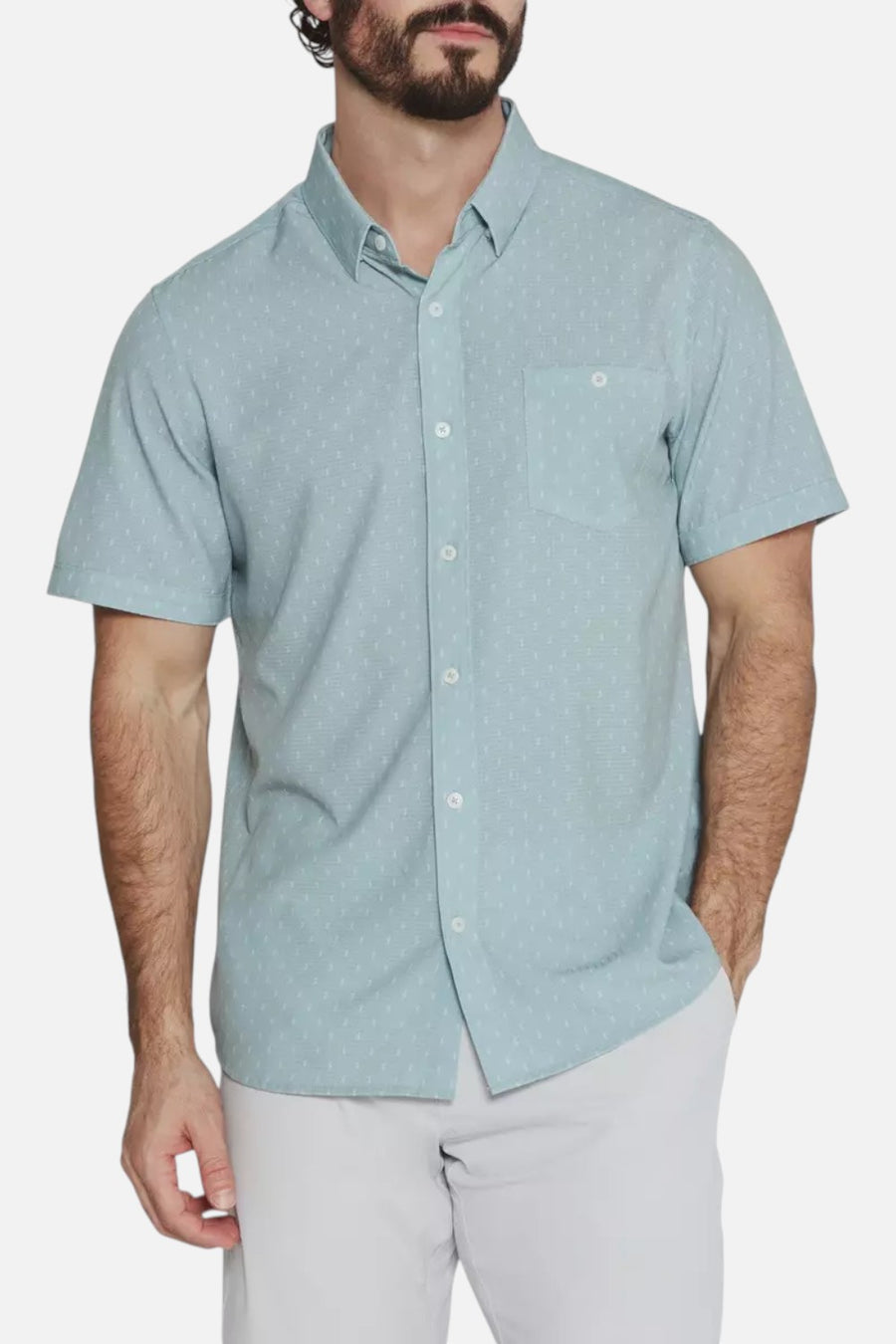 7 Diamonds Renzo short sleeve button-up shirt in seafoam, front view.