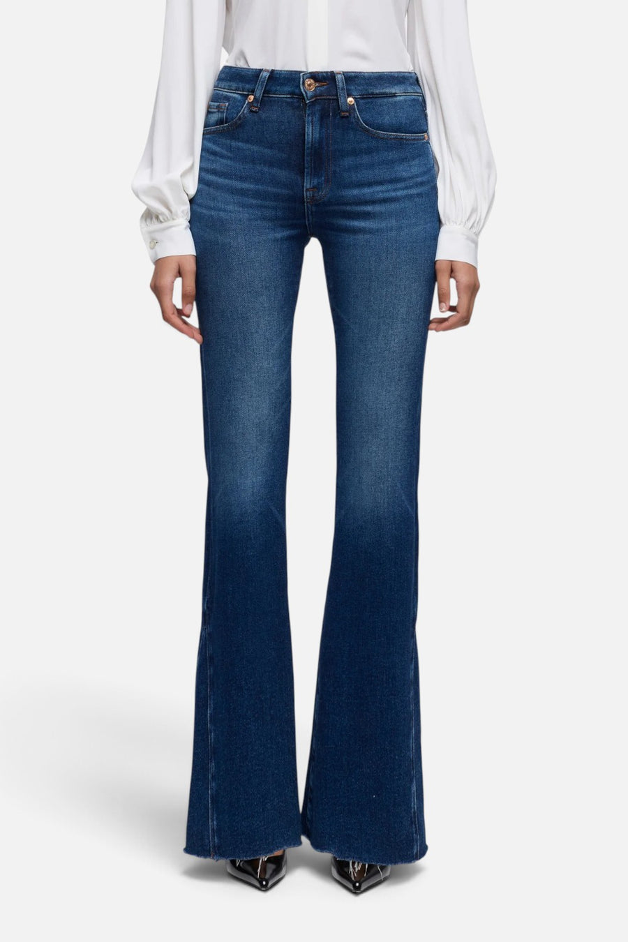 7 For All Mankind The Leggy mid-rise bootcut jean in Current dark wash, front view.