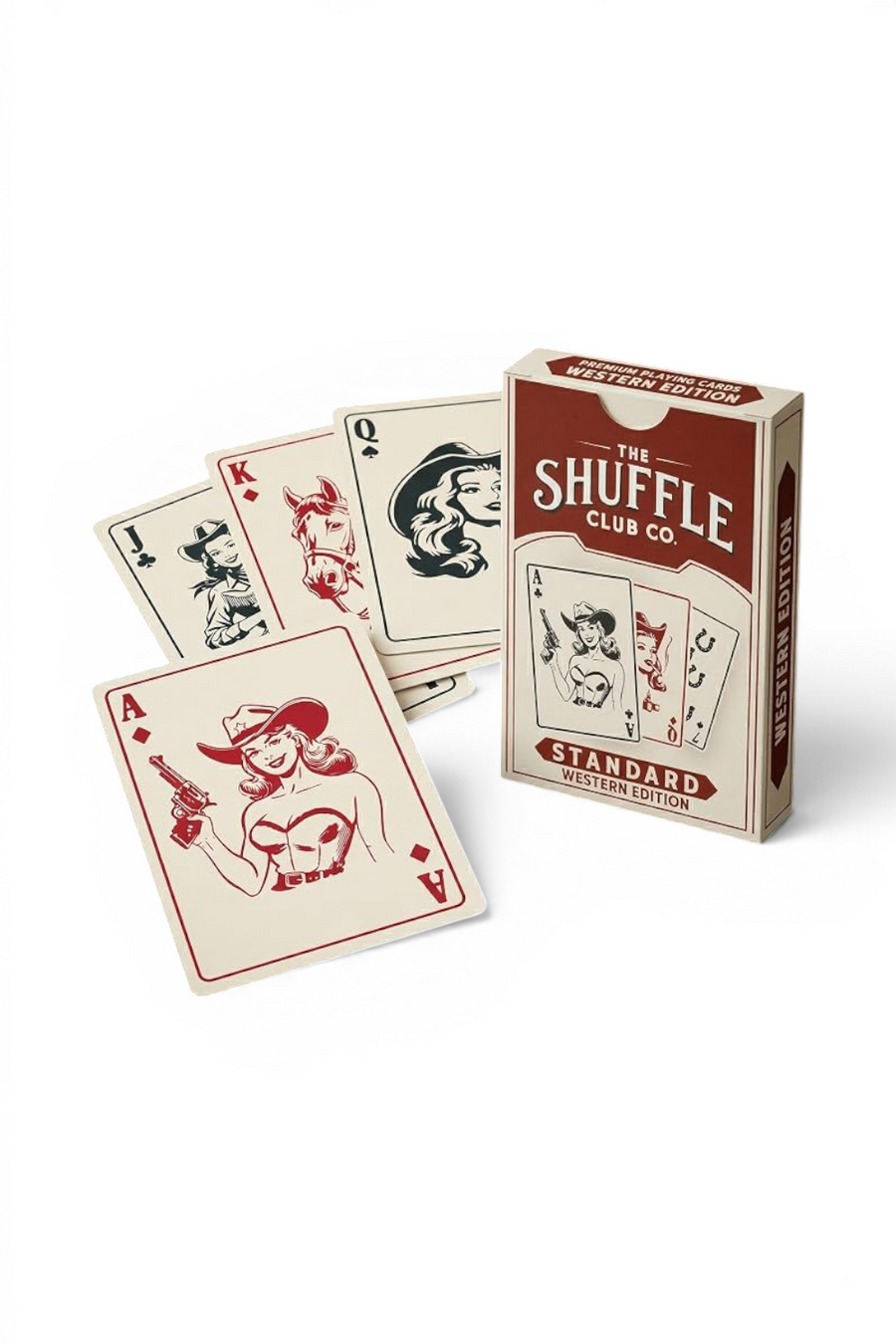 Shuffle Club western playing cards deck, box front view.