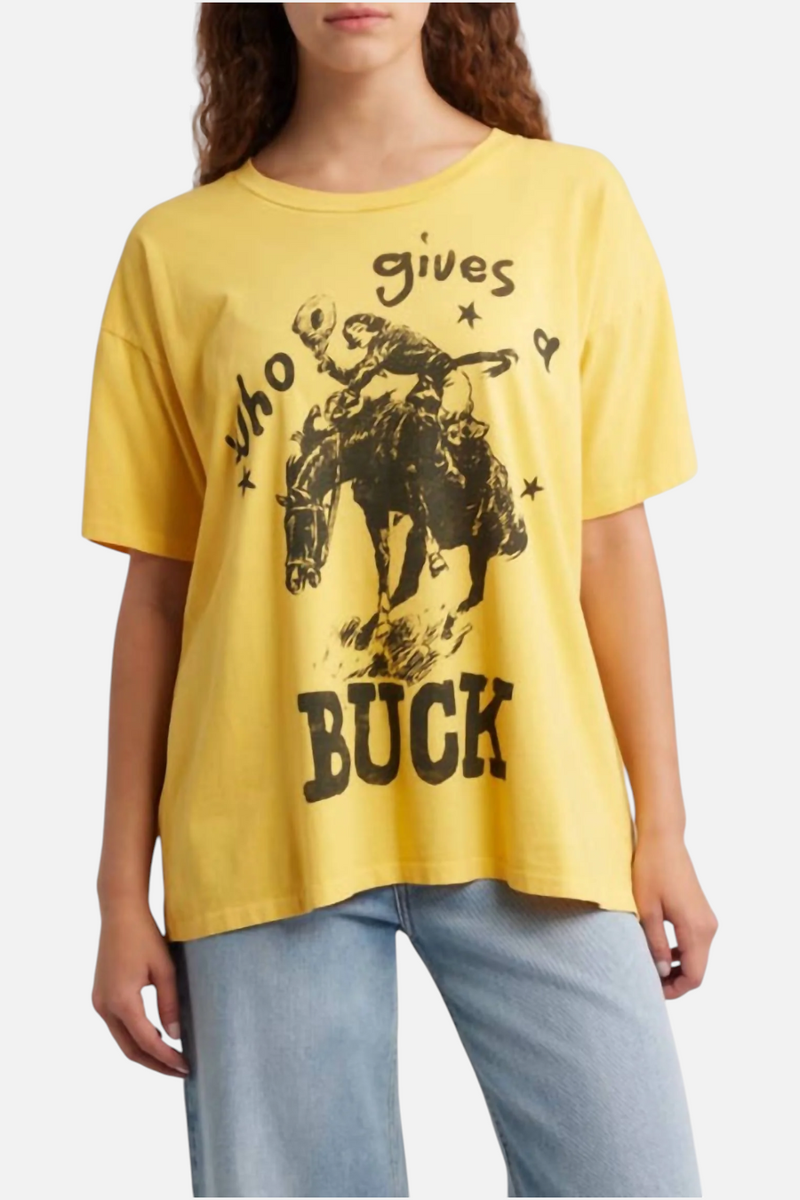 Daydreamer LA Who Gives A Buck yellow graphic tee, close-up of the puff-ink graphic