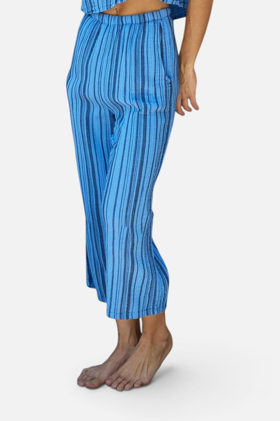 9Seed The Pines Gauze Hi Waist Crop Beach Pant in Blue Lagoon – front view