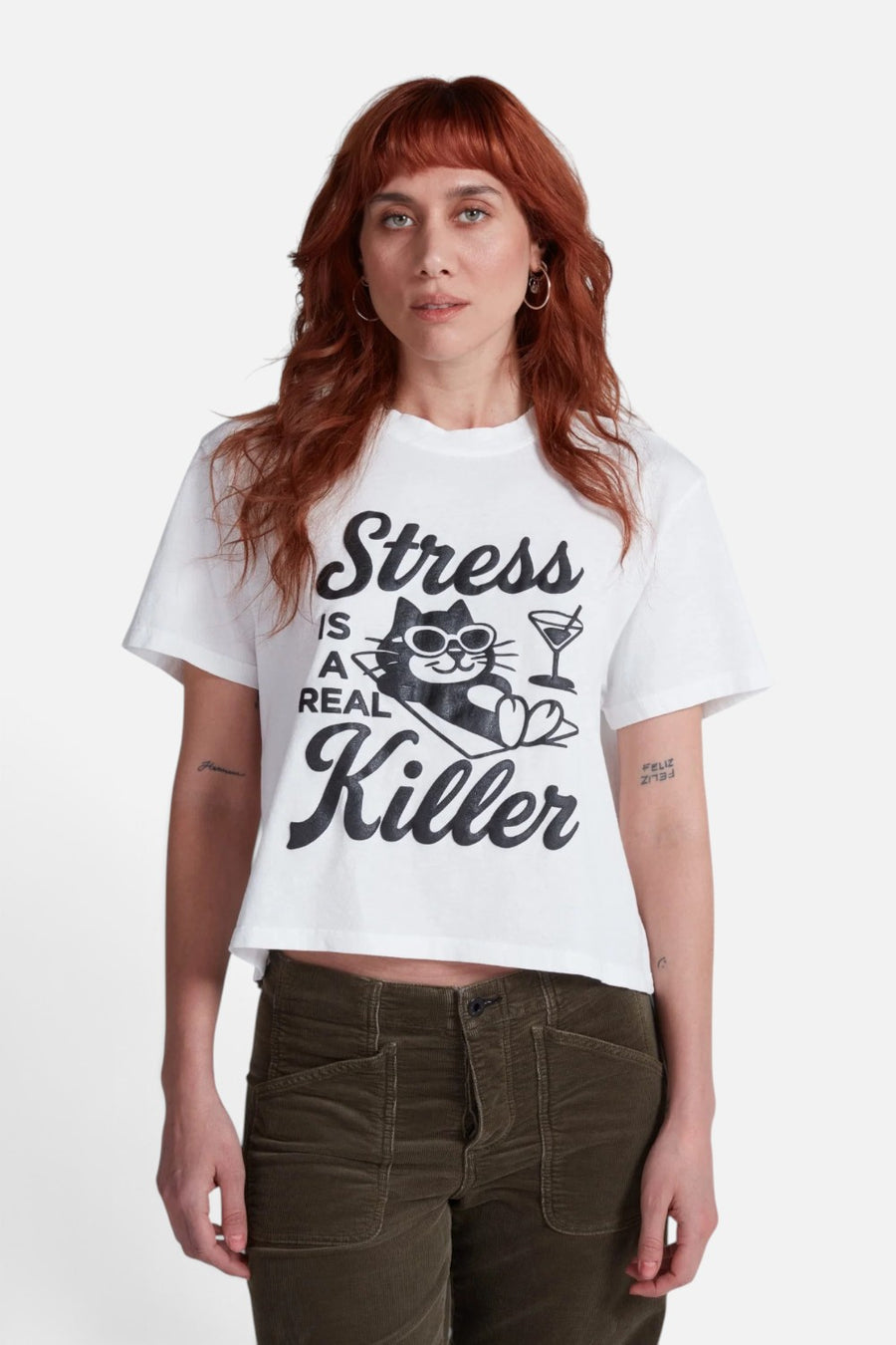 ASKKNY Stress is a Killer shrunken boy tee in white with cat graphic, front view.