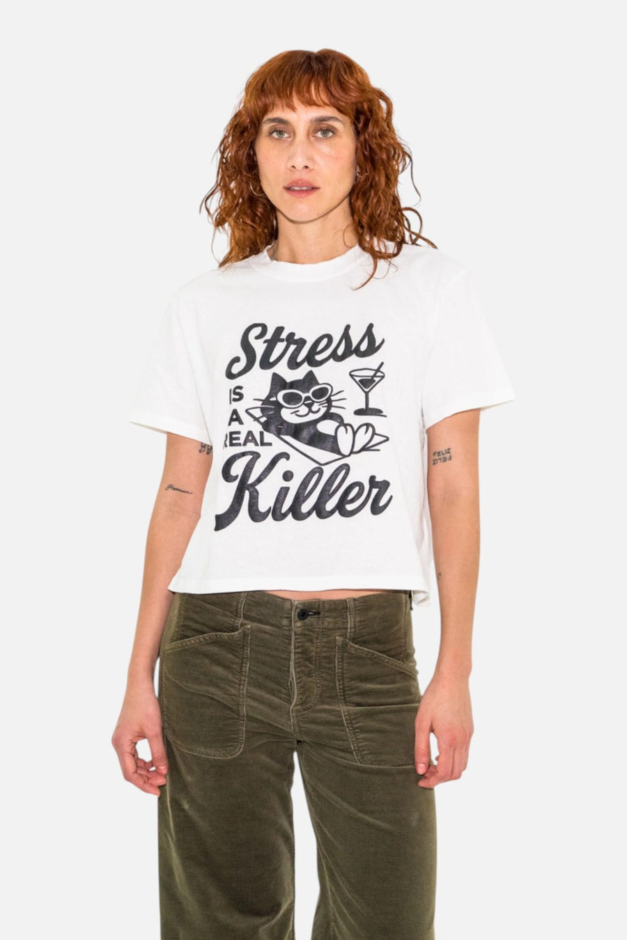 ASKKNY Stress is a Killer shrunken boy tee in white, graphic detail.