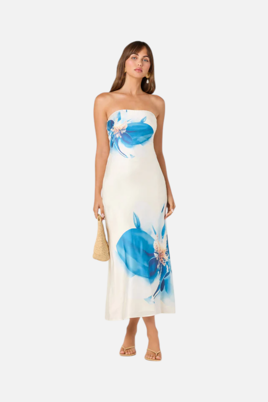 ASTR The Label Annabeth Maxi Strapless Dress in Blue Floral