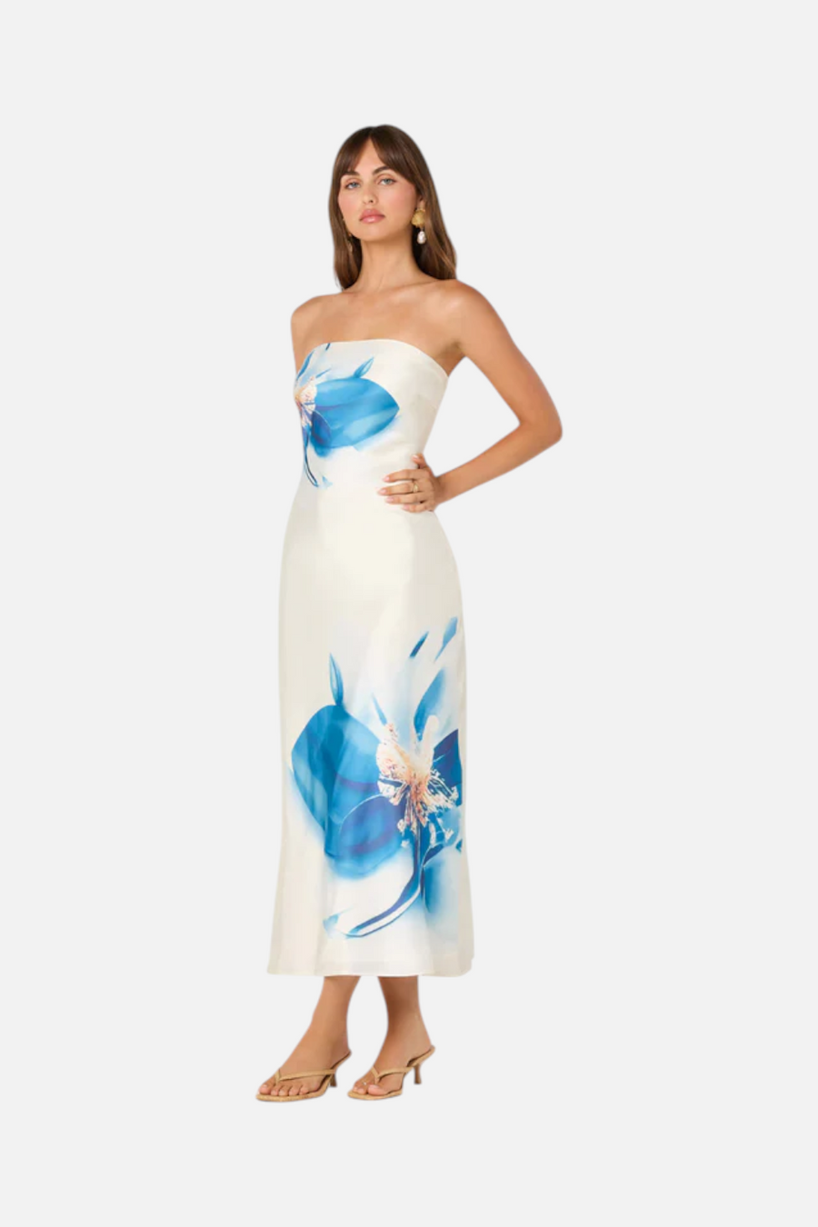 ASTR The Label Annabeth Maxi Strapless Dress in Blue Floral