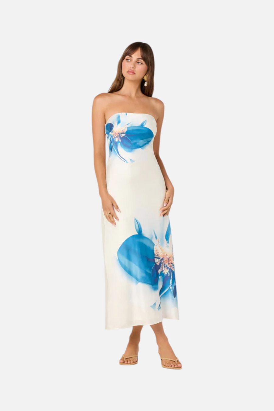 ASTR The Label Annabeth Maxi Strapless Dress in Blue Floral