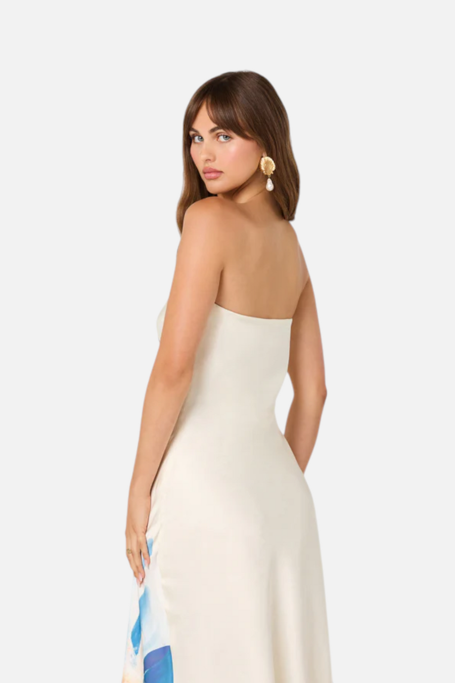 ASTR The Label Annabeth Maxi Strapless Dress in Blue Floral