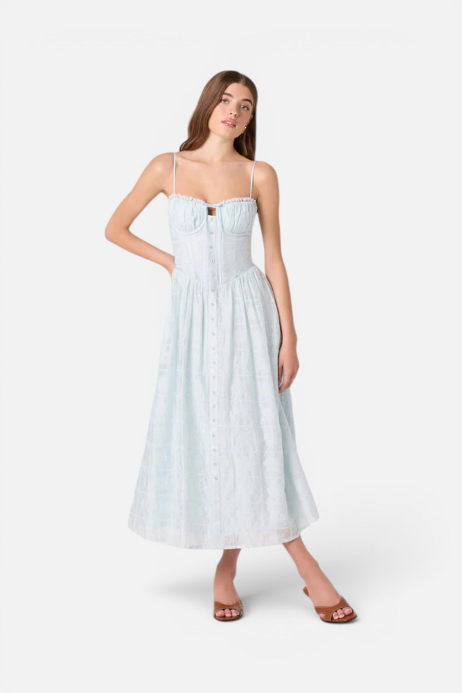 ASTR The Label Aubrey Eyelet Embroidered Midi Dress in Powder Blue