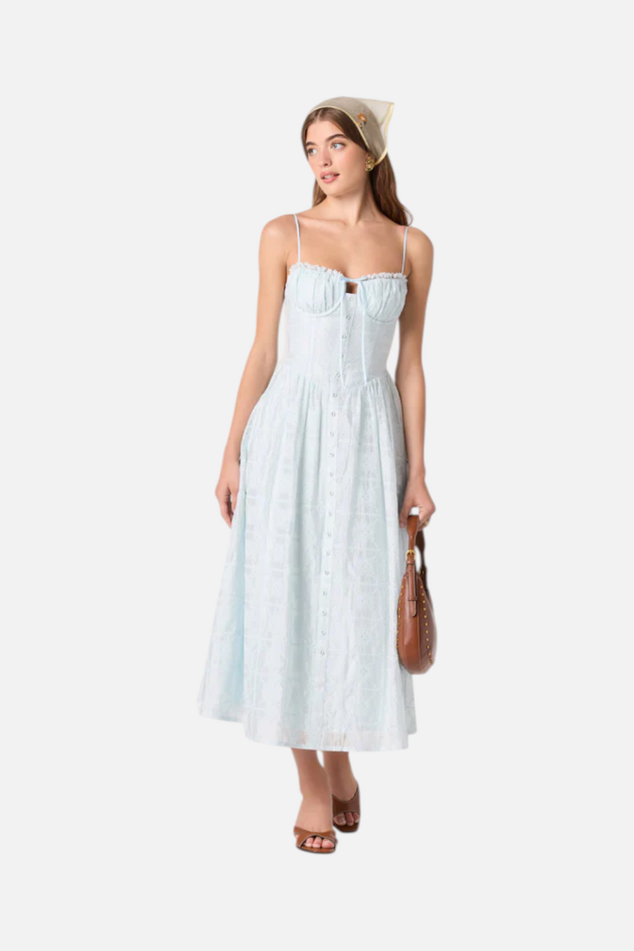 ASTR The Label Aubrey Eyelet Embroidered Midi Dress in Powder Blue