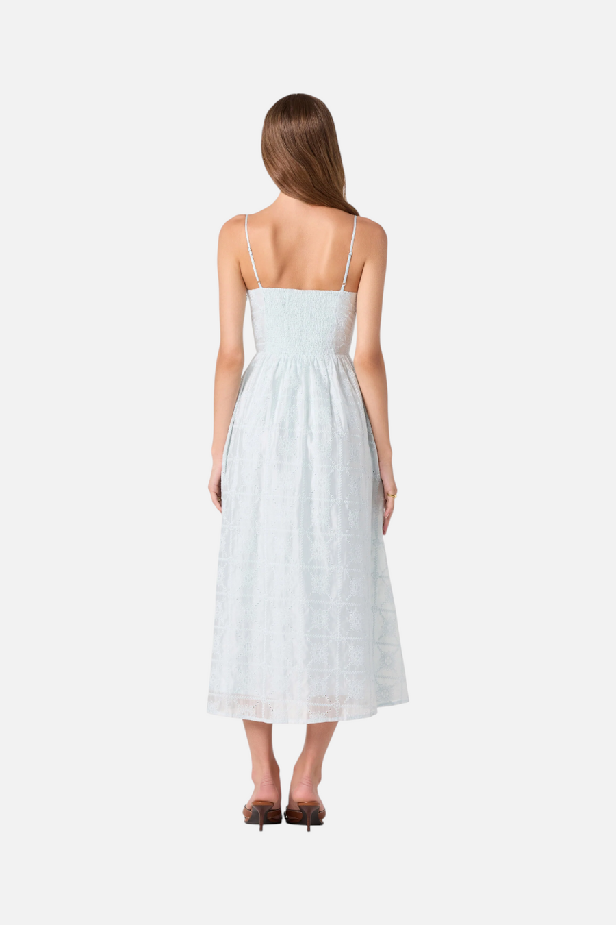 ASTR The Label Aubrey Eyelet Embroidered Midi Dress in Powder Blue