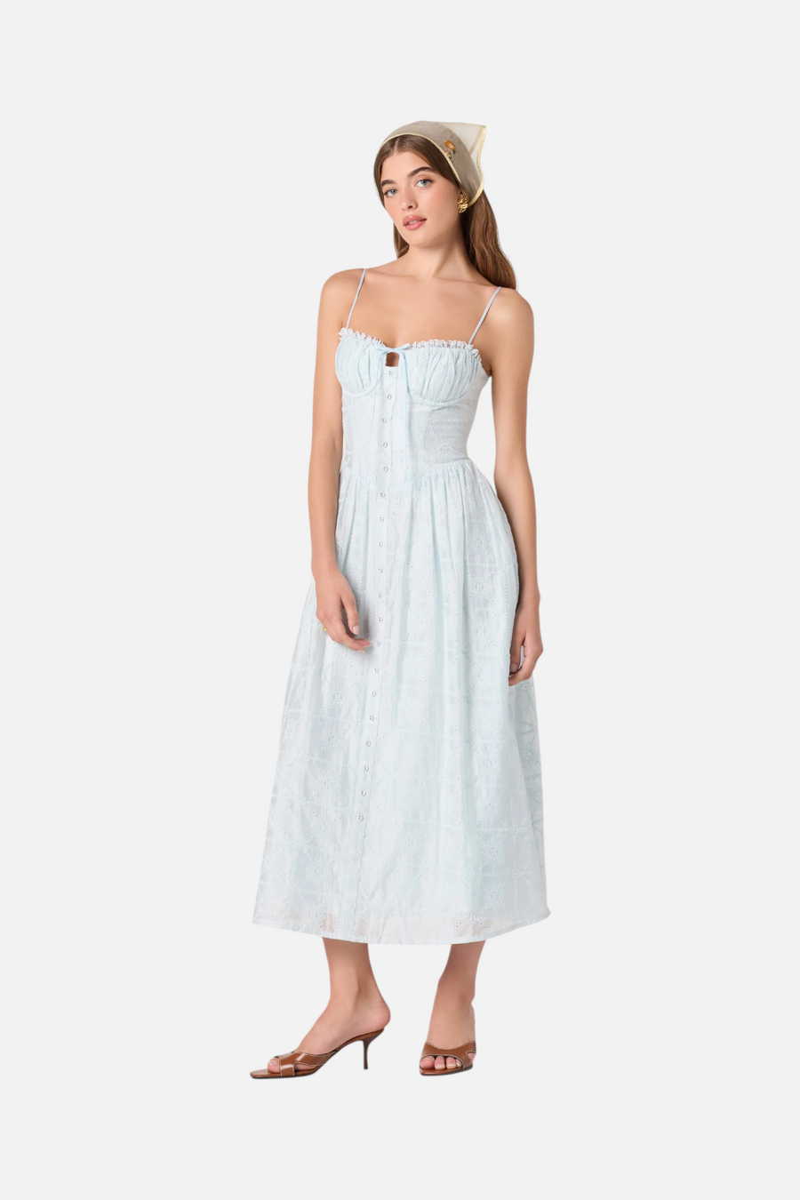 ASTR The Label Aubrey Eyelet Embroidered Midi Dress in Powder Blue