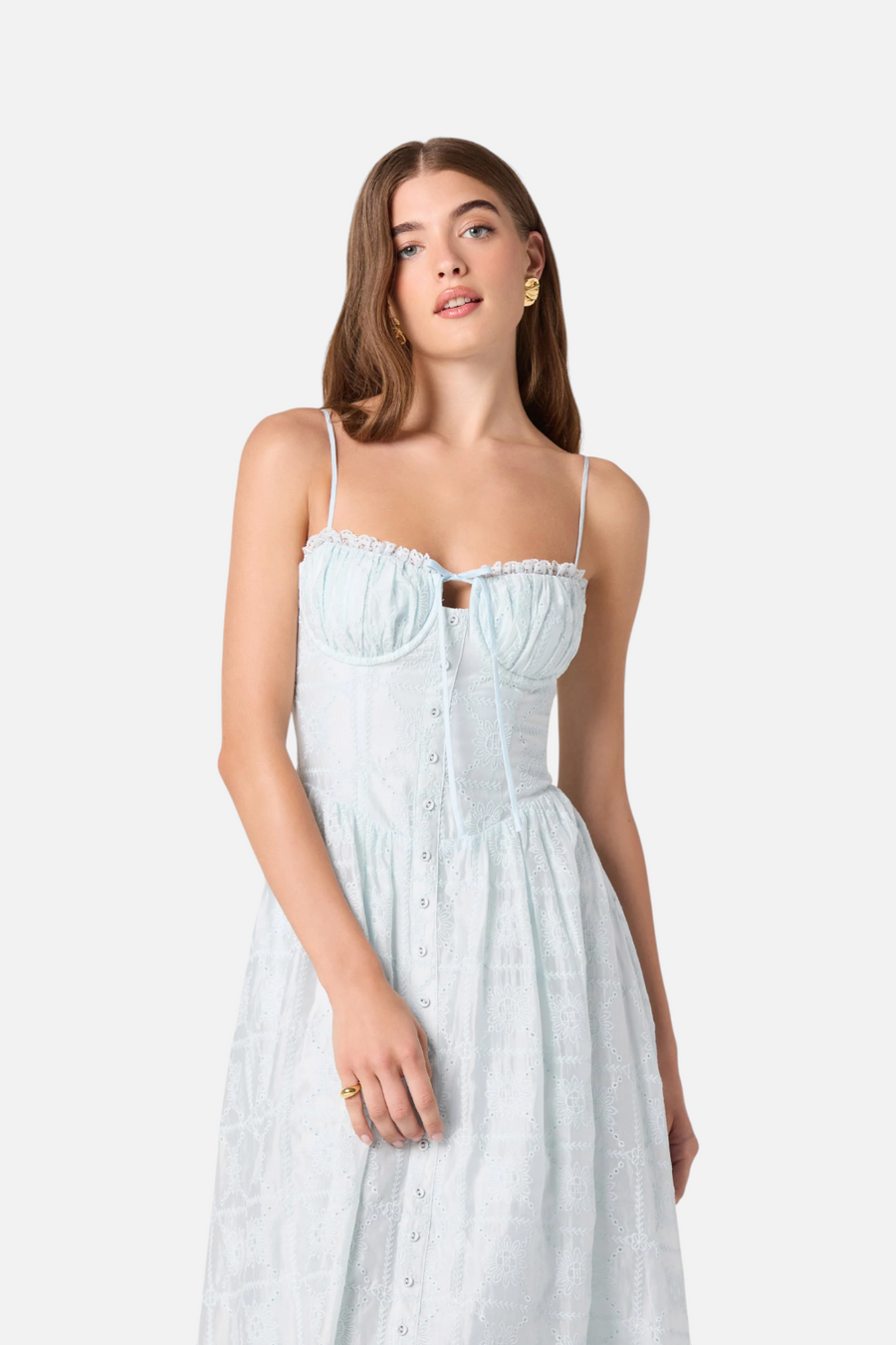 ASTR The Label Aubrey Eyelet Embroidered Midi Dress in Powder Blue