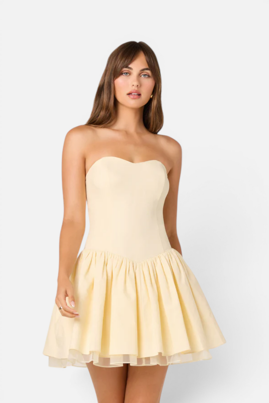 ASTR The Label Bijou Linen Strapless Mini Dress in Butter Yellow