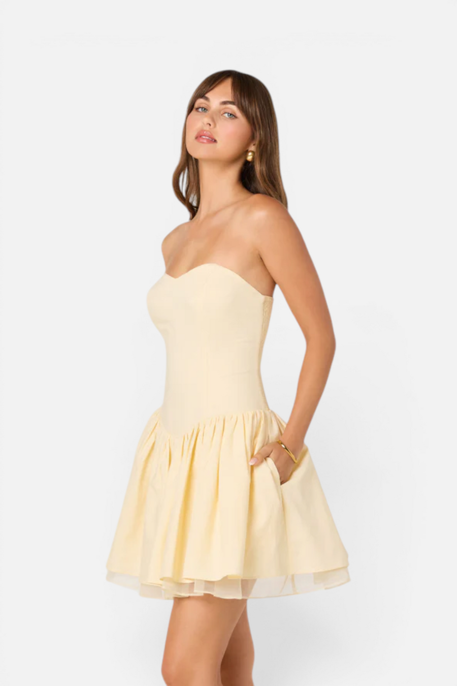 ASTR The Label Bijou Linen Strapless Mini Dress in Butter Yellow